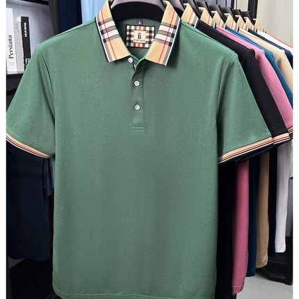 High-end silky cotton breathable short-sleeve polo shirt men's summer new trend plaid lapel designer brand casual golf T-shirt
