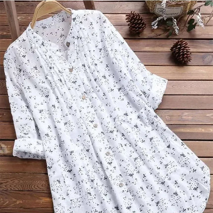 Women's Plus-size Shirt White Long Flower Decorated Lapel Button Up Top for Travel Wear