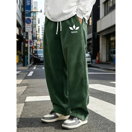 Mens Corduroy Wide Leg Trousers Elastic Drawstring Waist Abstract Leaf Sport Graphic Print Loose Straight Casual Street S-4XL