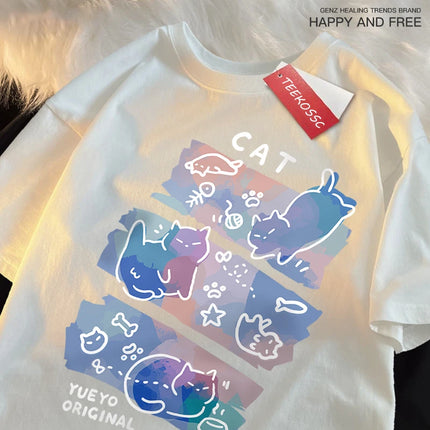 Fun Mischievous Cat Print Japanese Style T-Shirts Men Women Fashion T-Shirts Breathable Summer T-Shirts Cotton Loose Tee Clothes