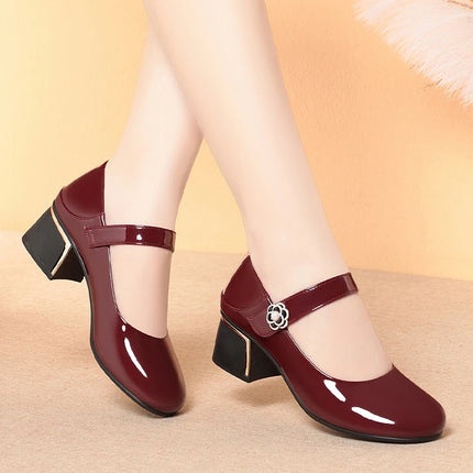 Women's Leather Shoes New Style Dancing Shoes Leongyue Mother Shoes Soft Sole Thick Heel Women's Shoes One-Button Single Shoes