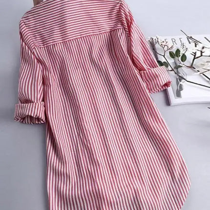 Plus Size Women's Fashion Striped Lapel Single Breasted Blouse Shirt Autumn Spring Ladies Casual Loose Long Sleeve Button Shirt