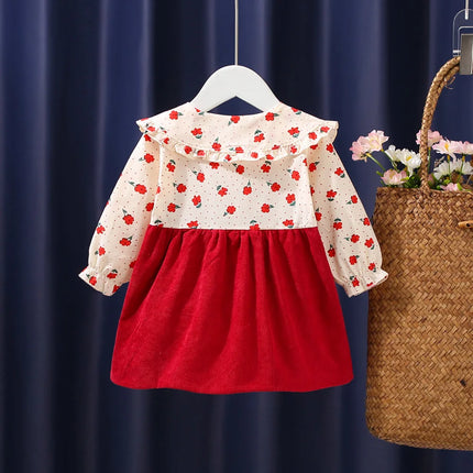 Autumn New Newborn Girls Long Sleeve Dress Cartoon Fragmented Flower Lapel Baby Princess Dress Flower Strap Dress