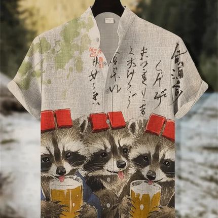 Men's Fashionable Stand up Collar Whale Pattern Retro Short Sleeve Button up Shirt High-Quality Streetwear New 2025