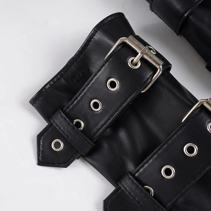 SUCHCUTE Retro Punk PU Leather Vest With Sleeve Cover Women Gothic Black Sleeveless Turtleneck Top Y2K Metal Decorative Clothing