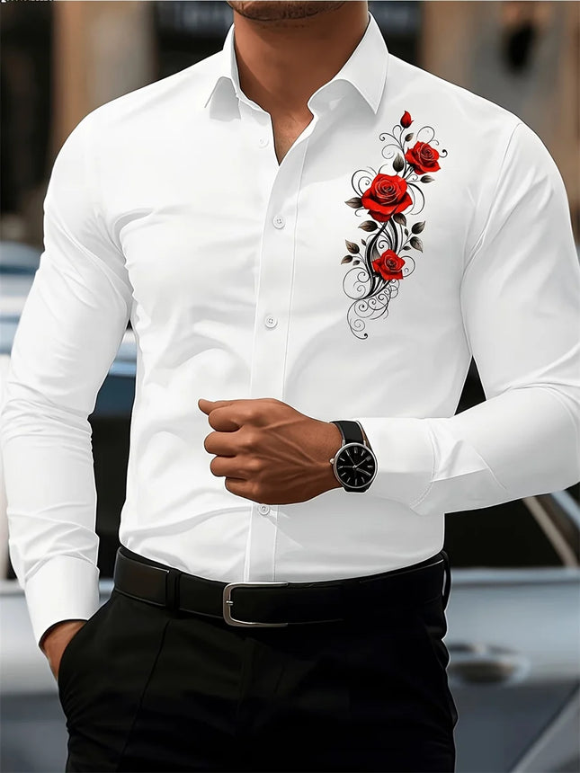 2026 Men's Fashion Red Rose Print Long-Sleeve Shirt, Stylish Casual Design, Spring/Autumn Casual Shirt, Sizes XS-6XL