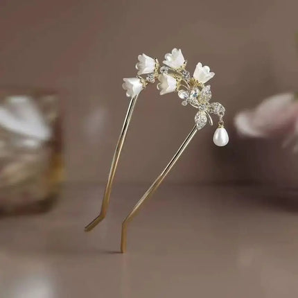 Hanfu Hair Access Long Tassel Vintage Lily Of The Valley U-shaped Hairpins Flower Handmade Hair Sticks For Women〔CC55〕