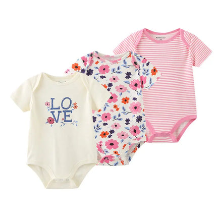 Unisex Cotton Newborn Baby Boy Clothes 3 Pieces Summer 0-12M Cartoon Baby Girl Clothes Print Bodysuits Short Sleeve Bebes