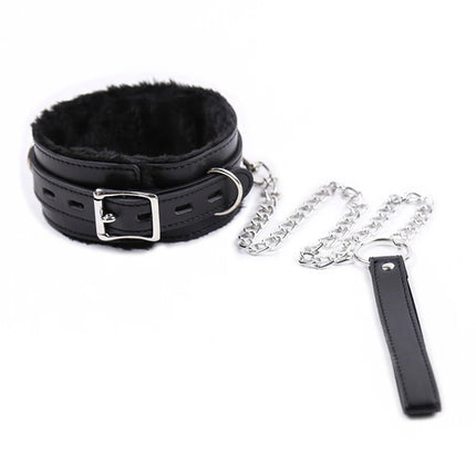 Faux Leather Plush Neck Choker Furry Collar with Metal Chain Drag Leash Lockable Harness BDSM Bondage Restraints  Sex Toys
