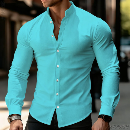 21 New Colors Men's Solid Color Long-Sleeved Stand Collar Shirt, Comfortable, Casual, Business, High-Quality, Elegant Men's Top