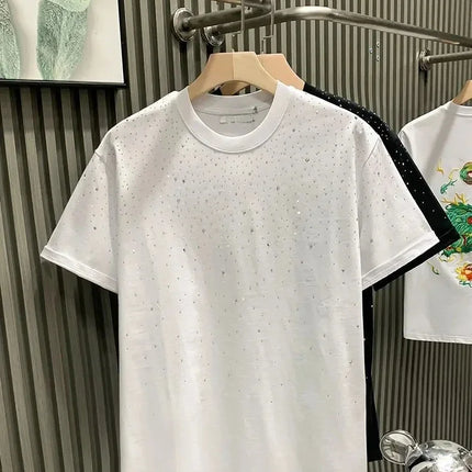 Summer Rhinestone Rivet T-shirt for Men Clothing Round Neck Casual T-shirt Fashion High Street 2025 Men's Summer Short Sleeves