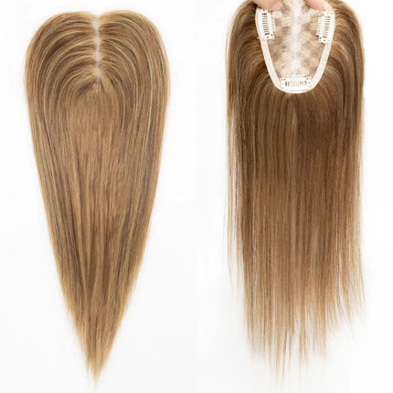 100% Human Hair Toppers Brown Highlight Hairpieces Middle Part Women Hair Topper with Lace Base Clip in Hair Extensions Natural