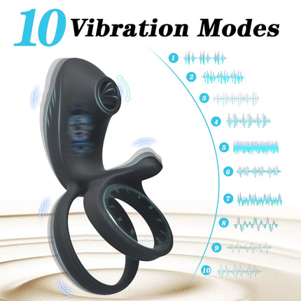 Remote Control Vibrating Cock Ring Ejaculation Delay Penis Ring with Tongue Licking Clit Stimulator Adult Sex Toy for Couples