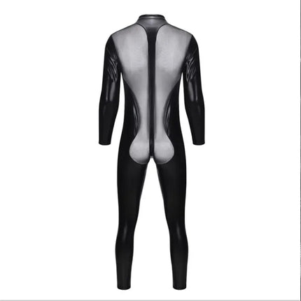 Imitation Leather Jumpsuits Men Sexy See Through Mesh Bodysuits Gay Erotic Lingerie Club Party Wear Playsuits Performance Onesie