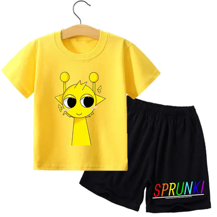 2pcs Sprunki T-shirt Shorts Set for Children Anime Cartoon Fashion Short Sleeved Shirt Pants Suit Boys Girls Summer Kawaii Suits