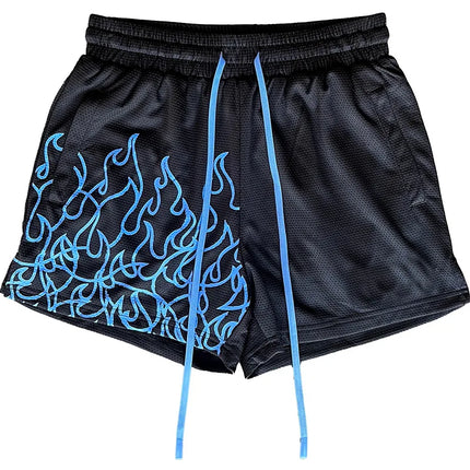 Men's Flame Print Casual Sports Shorts Breathable Mesh Adjustable Drawstring Waist Loose Fit Summer Street Daily Wear Trendy