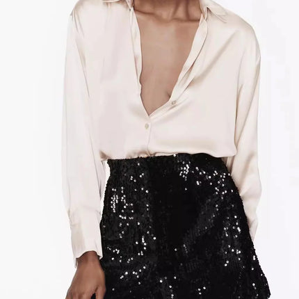 Classic Silk Satin Feel Shirt New Spring Collection Long Sleeve Polyester Fabric Women's Premium Fashion Regular Length