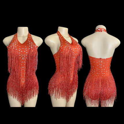 Sparkly Rhinestones Fringe Bodysuit Women Nightclub Party Dance Costume Stage Wear Sexy Tassel Leotard Performance Clothing 7G