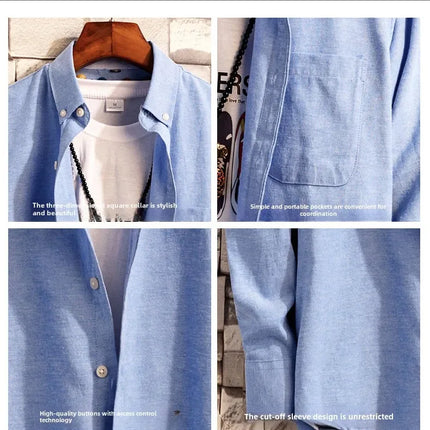 New Men's Oxford Spinning Short Sleeve Solid Color Tooling Business Casual White Shirt Slim Fit Trend Long Sleeve Casual Shirts