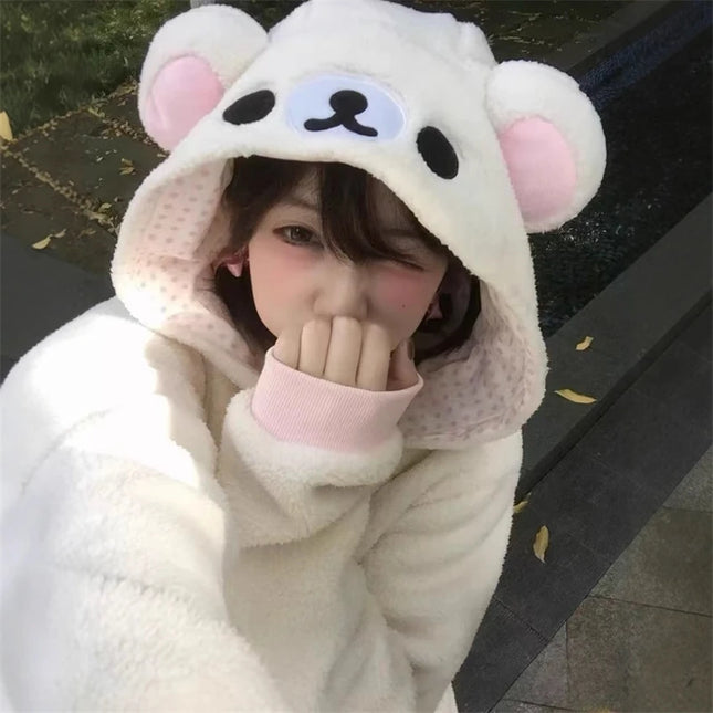 Rilakkuma Y2K Hoodie Pajama Set Cute Japan Bear Sleepwear Girls Fleece Lined Hooded Homewear Suit Autumn Winter Loungewear New