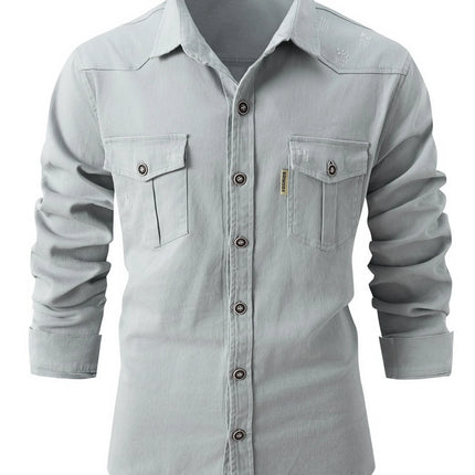 Fashion Men's Business Casual Long Sleeve Shirt with Double Pockets Turn-down Collar Office Work Wear Outdoor Utility Clothing