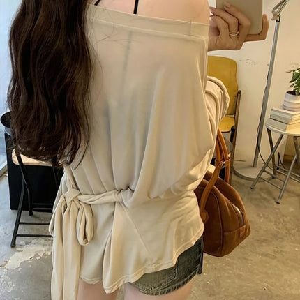 Sexy Thin See Through Long sleeve Oversize T shirt Women Bandage Off shoulder Top Female Basic Long Tees Korean Chic Lady New