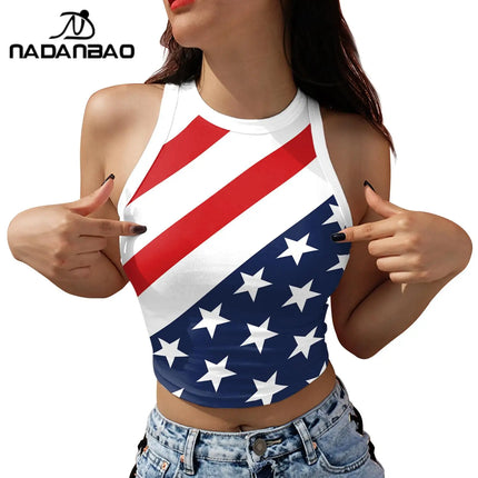 Nadanbao Women's Vest Summer Casual American Flag Tie Dyeing Cropped Tight Sleeveless T-Shirt Streetwear Crop Tops Y2K Tees