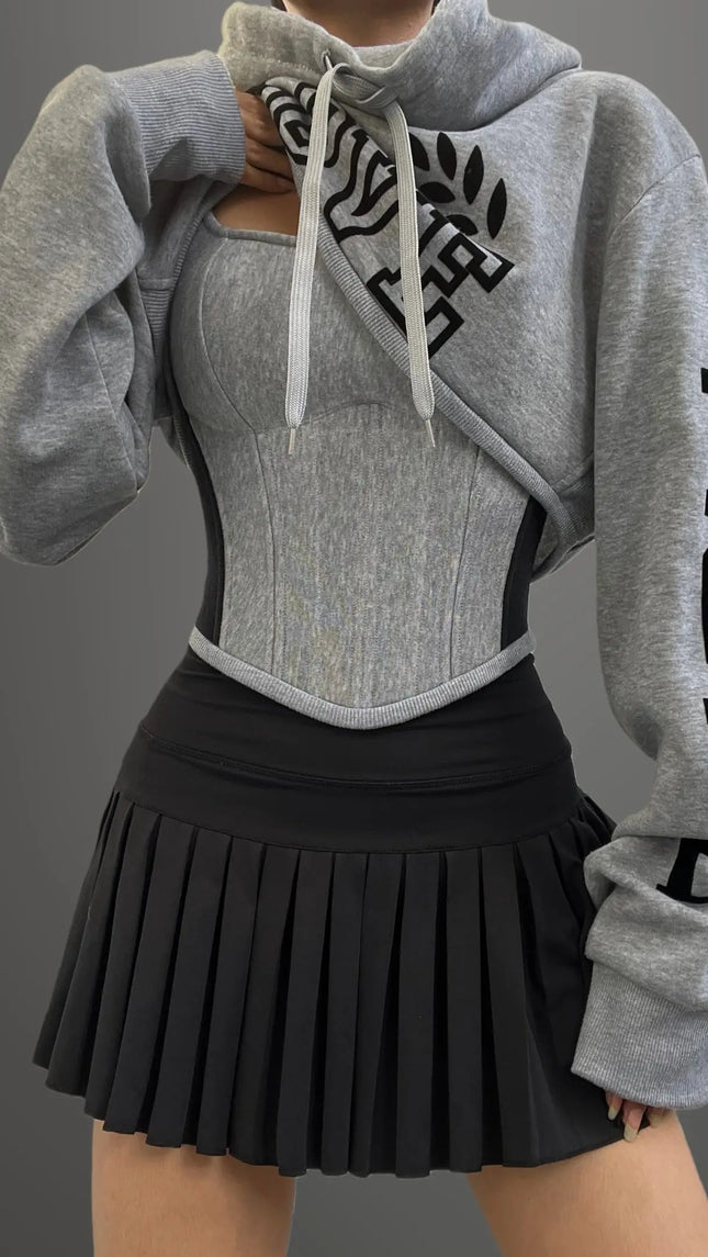 Summer Women Harajuku Crop Short Hoodie Vest 2-in-1 Two Piece Set Y2k Retro Sexy Slim Lace Tank Removable Top Fashion Streetwear