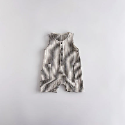 Summer Korean-style striped sleeveless jumpsuit for baby boys and girls, baby crew neck pocket jumpsuit, suitable for going out