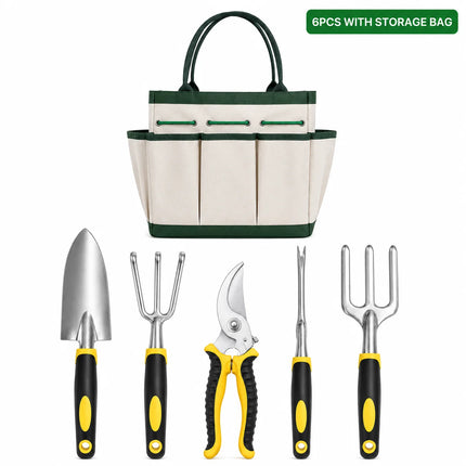 6PCS Garden Hand Tool Set with Storage Bag, Trowel Rake Fork Weeder Pruning Shears Kit for Planting Weeding Transplanting