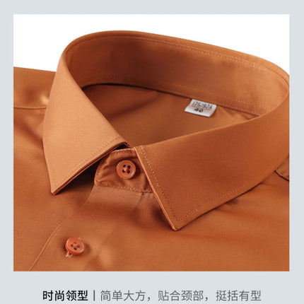 Men's Business Casual Long-Sleeved Shirt, Orange, Non-Ironing, Wrinkle-Resistant, Elastic, Solid Color, New Style