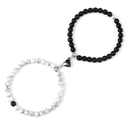 2Pcs/Set Sliver Black Color Magnet Pendant Bracelets 6MM 8MM White Porcelain Black Line Beads Couple Bracelet Jewelry Gift New