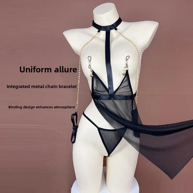 Sexy Teasing Strapless See-through Backless Chemise Nightgown Set No-Need-to-Remove Hanging Neck Style Pleasure Underwear