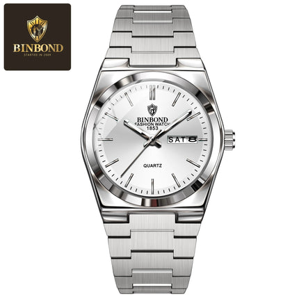 BINBOND 102 Couple Quartz Watch Men's Original Watch Waterproof Night Light Date Week Stainless Steel Men's and Women's Watch