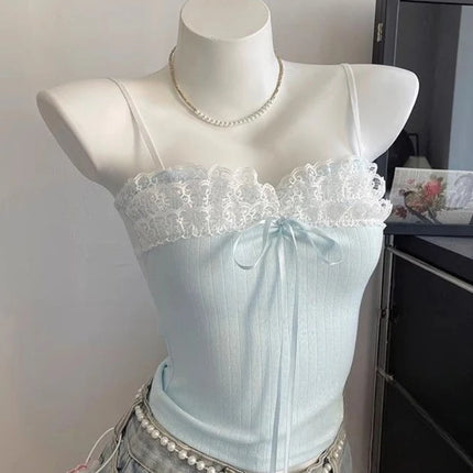 Sweet Lace Patchwork Crop Tank Top Female 2025 Women's Clothing Sling Slim Waist Tank Korean Summer Sexy Club Camis Ropa Mujer