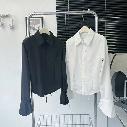 White Shirt Women Tops Korean Long Sleeve Blouses Lace Up Button Up Shirt Office Lady Black Fashion Slim Turn-Down Collar Blouse