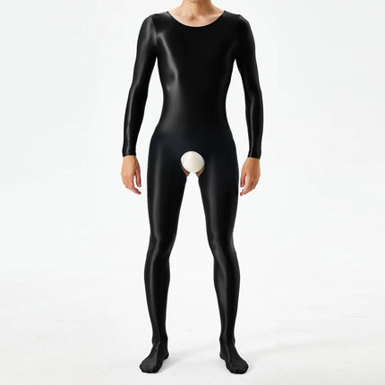 1pc Men Sexy Glossy Bodystocking Long Sleeve Body Jumpsuits Crotchless Bodysuit Ultra-thin Sheer Oily Shiny Underwear