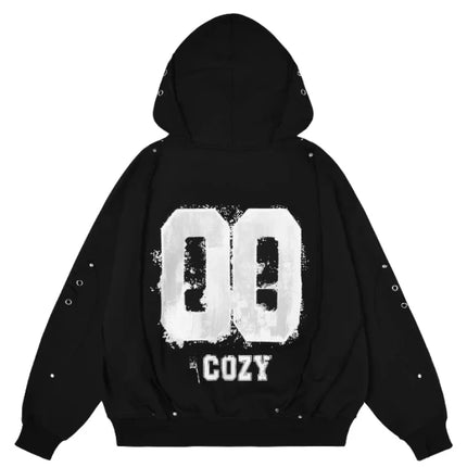 Trendy cardigan hooded sweatshirt with American print retro high street loose casual metal decorative jacket
