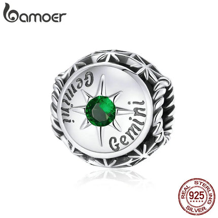BAMOER Zodiac Star Sign 925 Sterling Silver Charm Beads Fit for Charm Bracelets, 12 Constellations Cubic Zirconia Charm SCC1725