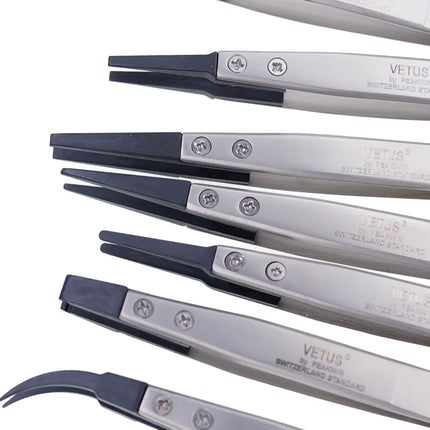 VETUS ESD Series Anti-static Tweezers with Interchangeable Head Stainless Steel Body Conductive Carbon Fiber Plastic Handle 1pcs