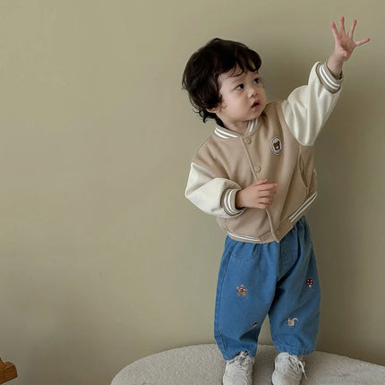 2026 Fall New Toddler Kids Pants Cotton Cartoon Embroidered Harem Pants Baby Boy Casual Striped Denim Baggy Trousers