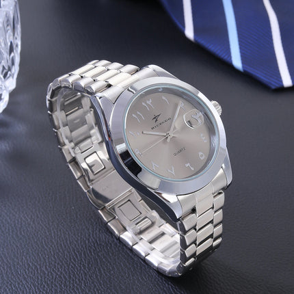 A quartz wristwatch with a stainless steel strap and personalized dial, equipped with a date display function. The simple and atmo
