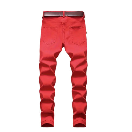 New Men Ripped Jeans Red Hip Hop Holes Slim Denim Pants Punk Streetwear Versatile Stretch Wash Solid Casual Slim Pencil Trousers