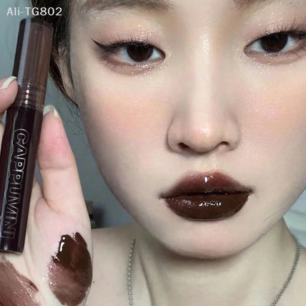 Cappuvini Punk Dark Brown Mirror Water Lip Gloss Waterproof Long-Lasting Liquid Lipstick Tint Red Glaze Transparent Glass