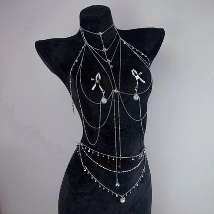 Sparkling Body Chain with Nipple Clamps Collar All-in-One BDSM Training Set Paired with Waist Chain Sexy Accessories Sex Toys
