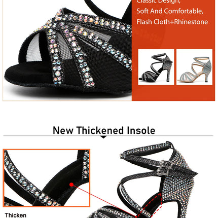 DKZSYIM Rhinestone Women Latin Dance Shoes Latin Salsa Girl Dancing Shoes Black Shiny Ballroom Dance Shoes For Girls Ladies
