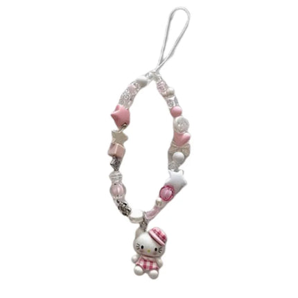Hello Kitty Phone Chain Cute 3D Cat Bead Phone Chain Short Wristband Hanging Accessories CCD Camera Versatile Hanging Rope