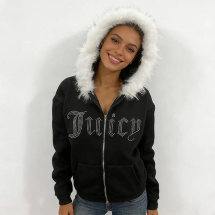 Subculture Y2K new fur collar cardigan sweatshirt zipper jacket European and American letter hot stamping retro sweatshirt jacke