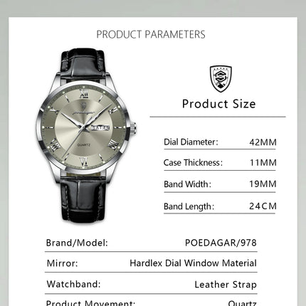 POEDAGAR Top Luxury Watch For Men Military Waterproof Luminous Date Week Man Wristwatch Leather Men's Quartz Watches Sport Reloj