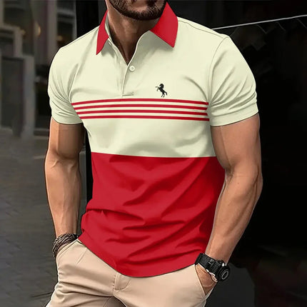 Business men's polo shirt, summer casual short-sleeved T-shirt with top striped pattern button print, loose clothing fashion polo